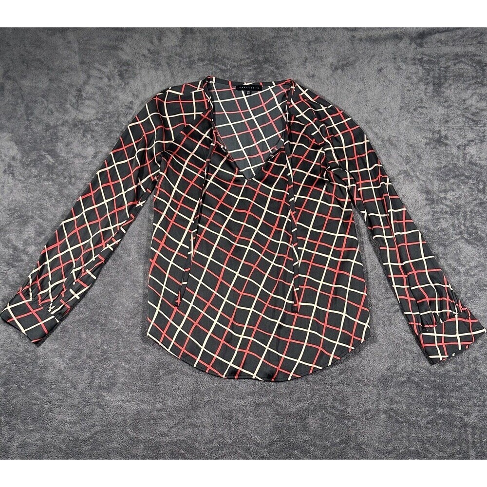 Anthropologie Sanctuary Plaid Tunic Blouse SzXS Plaid Tie Career Classic Dressy